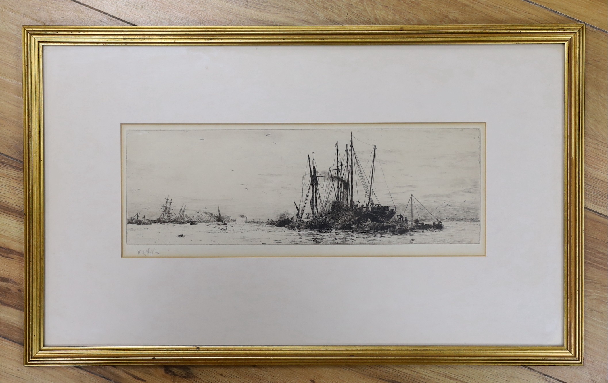 William Lionel Wyllie (1851-1931), drypoint etching, 'Unloading timber', signed in pencil, 11 x 33cm